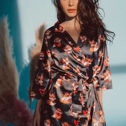 Pajamas Robes With Sashes Print Sexy Robe Satin V-Neck Elegant Sleepwear Cute Belt Fox Printing Pajamas Robes Satin Sleepwea
