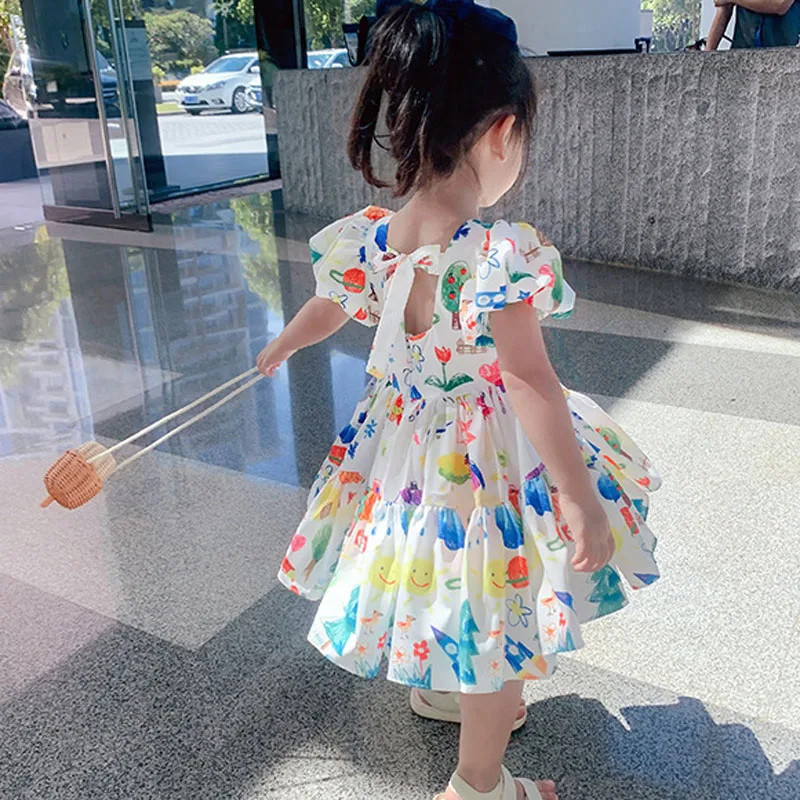 Summer Girls' Puff Sleeve Casual Cartoon Party Princess Dress Cute Children's Wear Baby Kids Girls Clothing girls dress,princess costume,kids clothes