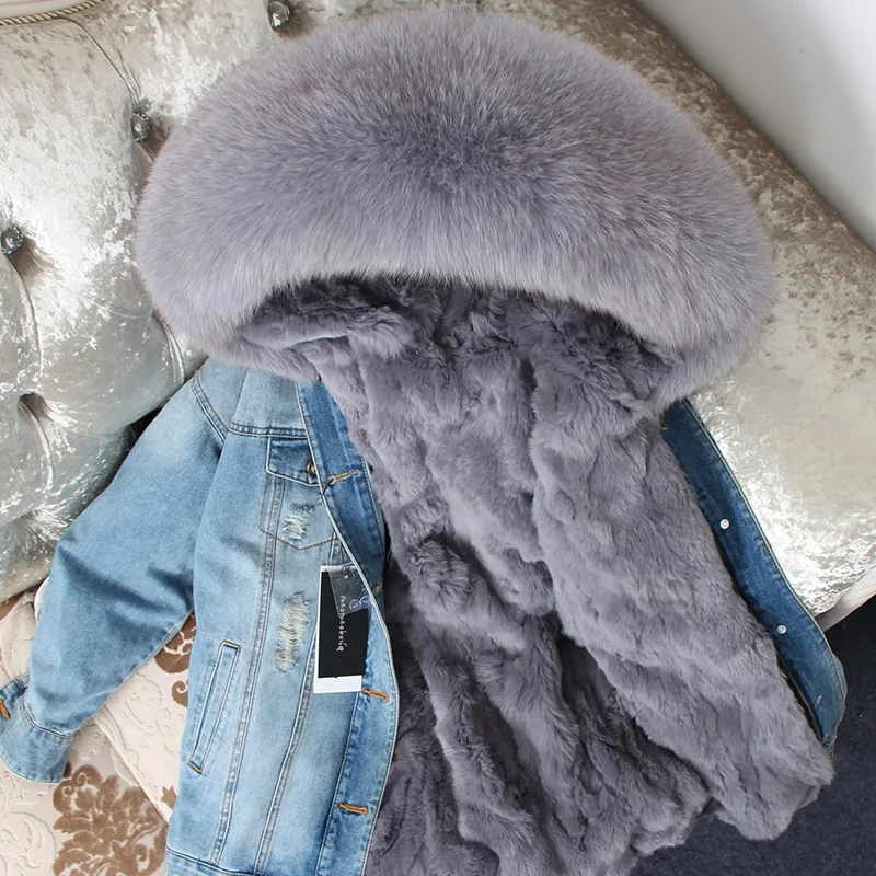 

2019 winter new denim pie overcome jacket rabbit fur grass liner fox fur collar coat long coat female winter