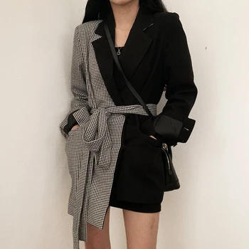 

Office Lady Plaid Blazer for Women Notched Collor Patchwork Jacket Sashes Female Suits Coat 2019 Christmas Clothes Korea Coat