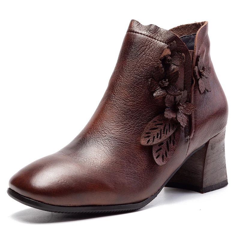 

Autumn Shoes Woman Ankle Boots Chelsea Boots Women Genuine Leather Chunky High Heels Ankle Booties Flower Handamde Shoes Botas