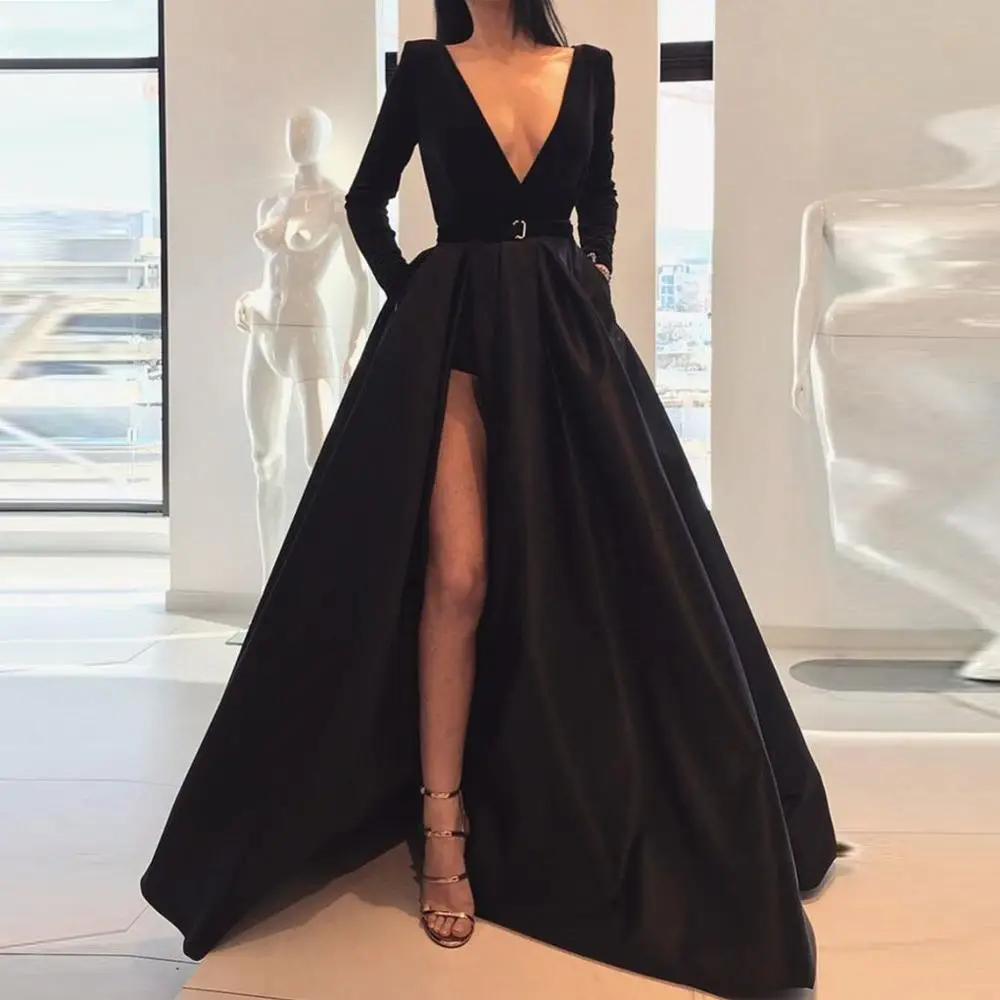 Черные платья с высоким Боковым Разрезом для выпускного вечера, с длинными рукавами, скромное длинное платье для выпускного вечера, Vestido Longo Festa