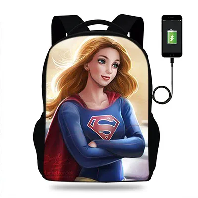 17 дюймов мультфильм супер девушки печати USB порт рюкзак Детская школьная сумка для подростков девочек путешествия рюкзак Mochlia