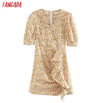 

Tangada women floral print vintage dress ruffles v neck short sleeve 2020 summer females sundress vestidos 5Z185