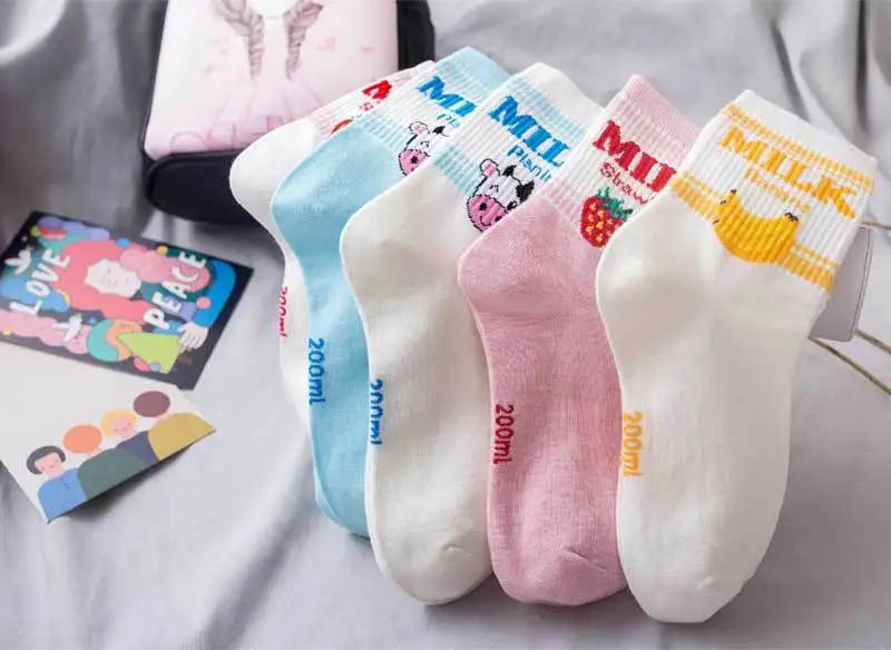 Каваи жаккардовое фруктовое клубничное молоко Пинки/белые женские носки японские смешные носки Харадзюку Calcetines Mujer