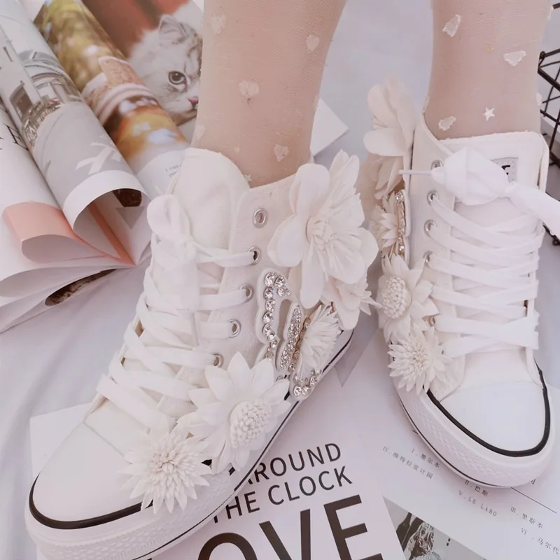 Original Butterfly Flower High-top Canvas Shoes Sweet Lace-up Women's Shoes White Inner Height-increasing Vulcanized Shoes