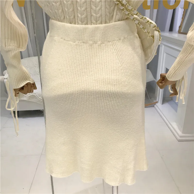 ALPHALMODA Autumn New Twist Knitted Sweater+ Fashionable High Waist Straight Skirt Two-piece Suit Ladies Solid Casual Set
