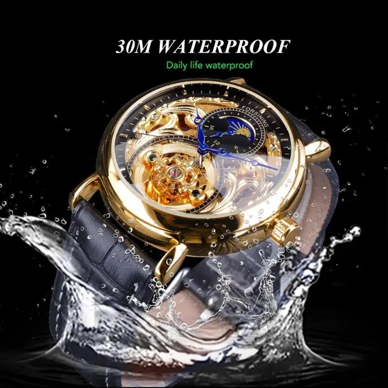 

Men Fashion Carved Openwork Automatic Mechanical Watch Leather Strap Automatic Watch Luxury Brand