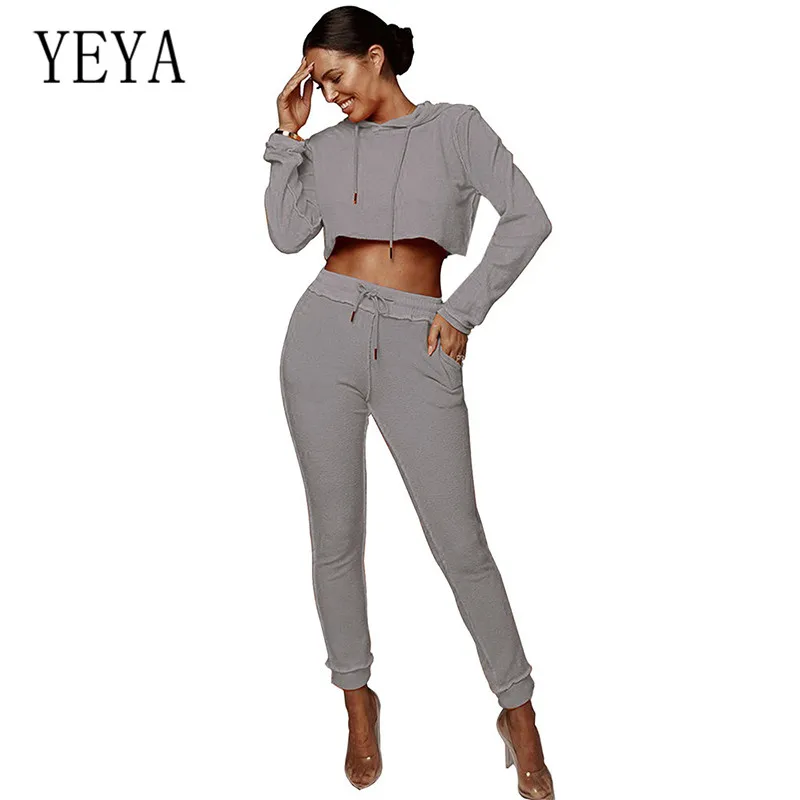 

YEYA Two Pieces Sets Hooded Long Sleeve Lace-up Skinny Long Jumpsuits Women Autumn Casual Sports Stylish Playsuits Rompers