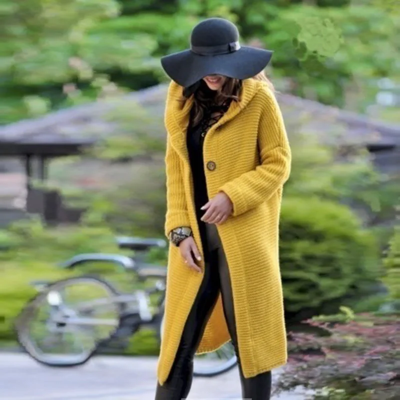 Кардиган однотонный длинный с капюшоном свитер пальто женский Осень Зима Женский Повседневный вязаный длинный свитер пальто плюс размер S-5XL - Цвет: Yellow