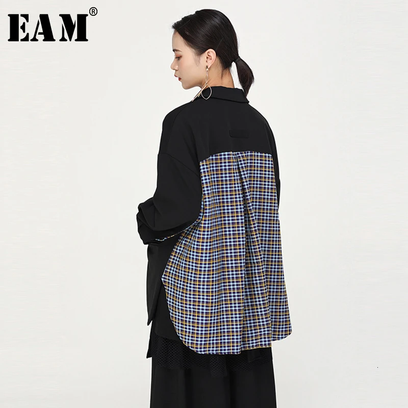 [EAM] Свободная синяя куртка большого размера в клетку сзади, новинка, Женское пальто с отворотом и длинным рукавом, модное осенне-зимнее пальто 1B687