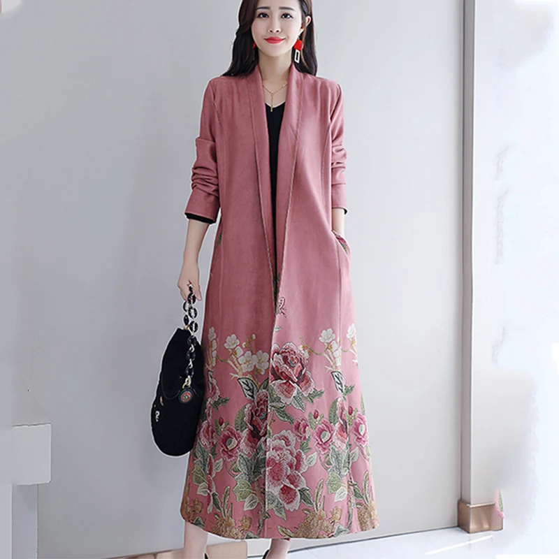 

2019 New Women Spring Autumn Deerskin Suede Floral Print Trench Coat Elegant Female Plus Size Long Windbreaker cc860