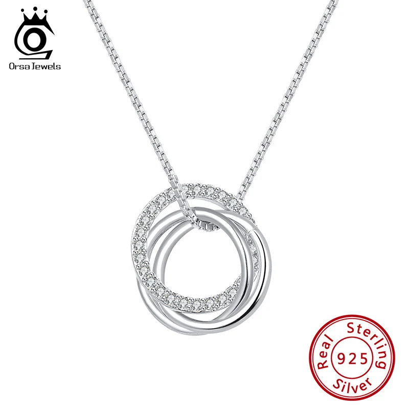Silver Necklace ORSA JEWELS Trendy Simple Necklace 925 Sterling Silver Women Necklaces With 3 Big Circle AAAA Zircon Jewelry Wedding Gift OSN175
