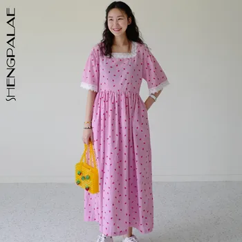 

SHENGPALAE 2020 New Summer Women Vintage Loose High Waist Slim Was Thin Elegant Lace Square Collar Maxi Dress ZA4736