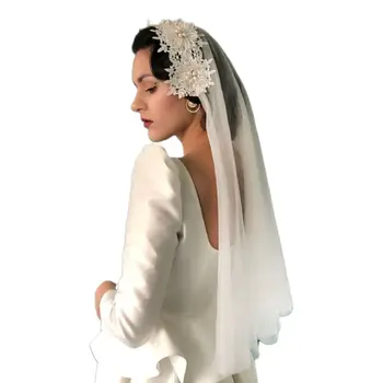 

Bridal Tulle Embroidery Floral Jewelry Pearl Wedding Veil with Alligator Clips 40JF