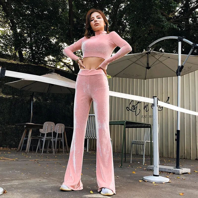 Однотонная бархатная Женский комплект 2 шт. Осенняя теплая водолазка укороченный