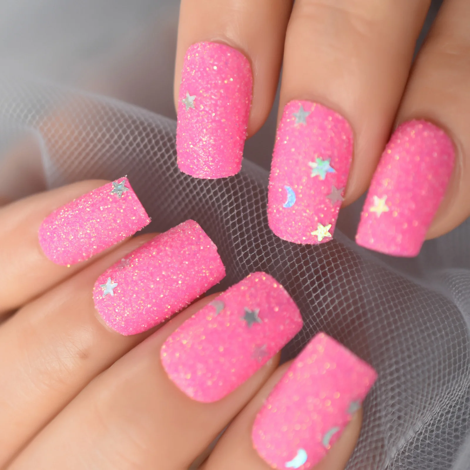 Glitter False Nail Art Starts Moon Decorated Pink Nails Fake Medium Press  On Nails Square Head|False Nails| - AliExpress