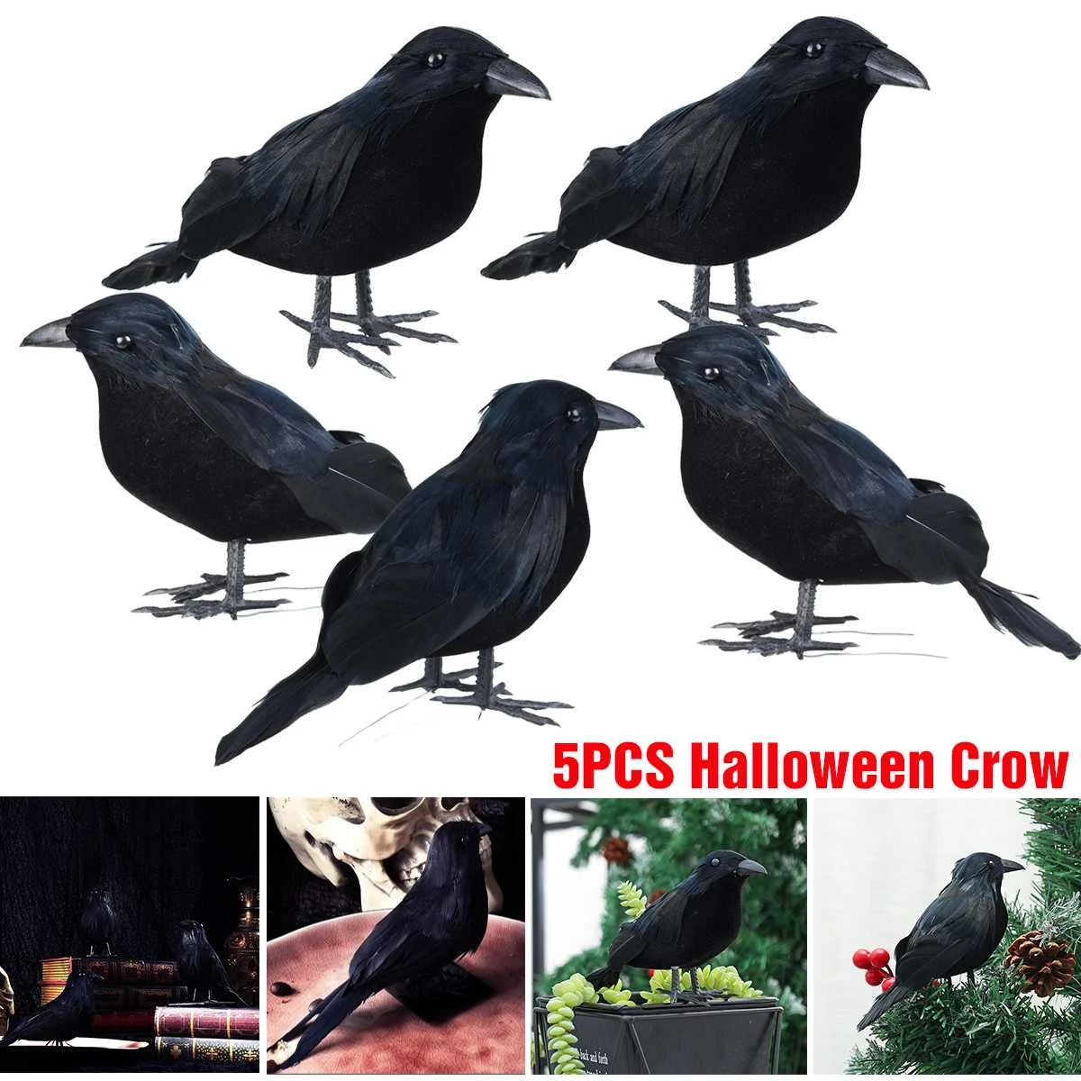 5 10個運命カラスハロウィン小道具人工カラス小道具の羽不気味なパーティーイベント日装飾鳥抑止かかしかかし 彫像 彫刻 Aliexpress
