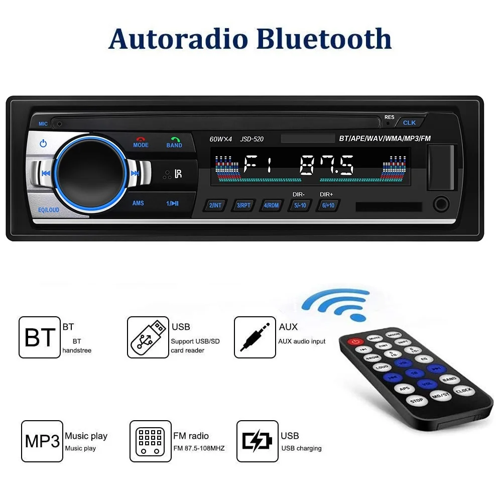 Car Stereo Radio 60Wx4 Output Bluetooth FM MP3 Receiver Aux with USB SD Hands-Free Calling and Remote Control | Автомобили и