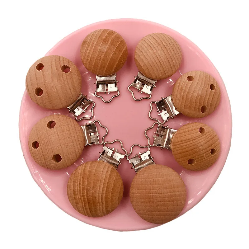 

1Pcs Solid Color Beech Round Shaped Pacifier Clip Wooden Bead Baby Teether & wooden teething Accessories Clip Nipple Clasps Toys