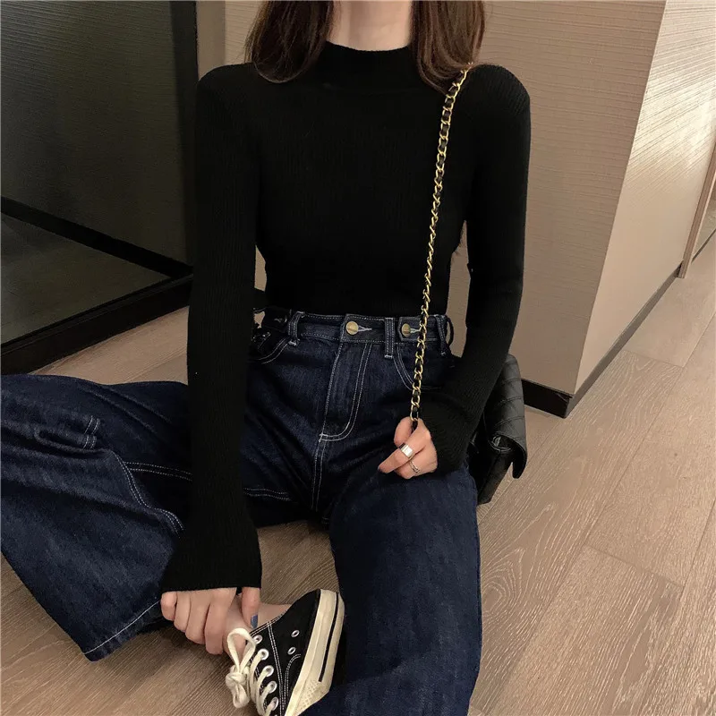 

Autumn Winter Black Sweaters Women White Knitted Pullover Sweater Long Sleeve Half high collar Slim Jumper Soft Pull Femme Tops