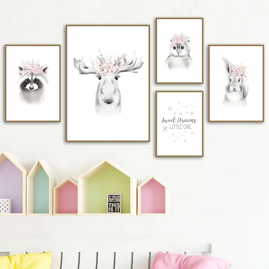 

Elk Rabbit Owl Raccoon Nursery Wall Art Canvas Painting Cartoon Nordic Posters And Prints Wall Pictures Girl Boy Kids Room Decor