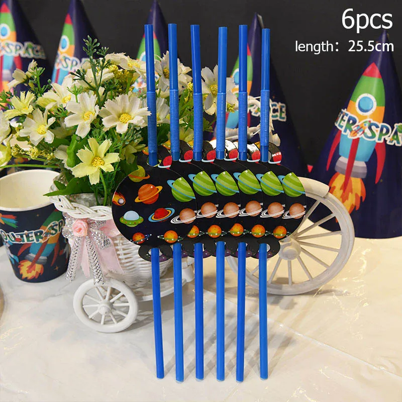 6pcs straw Вечерние принадлежности для украшения в космическом космосе для мальчиков, набор одноразовой посуды с изображением космонавта, ракета, воздушные шары из алюминиевой фольги - Цвет: 6pcs straw