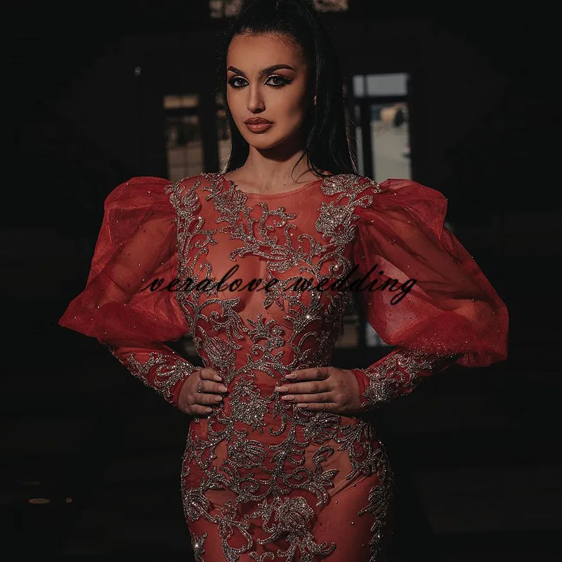 Illusion See Through Red Mermaid Prom Dress Dubai Middle East Formal Evening Dresses Gala Plus Size Party Gown modest prom dresses