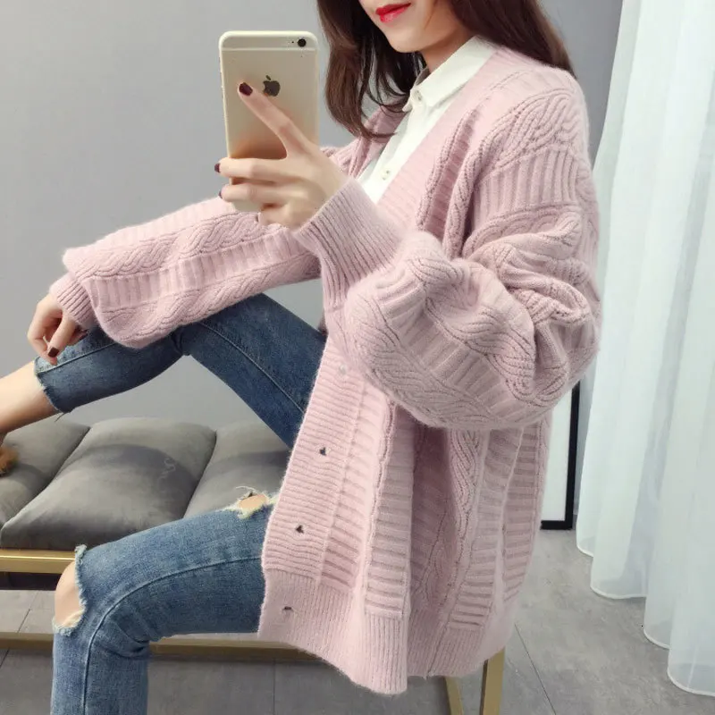 AIUJXK Осень Зима длинный вязаный кардиган женский розовый свитер корейский стиль модный Женский Повседневный вязаный кардиган пальто