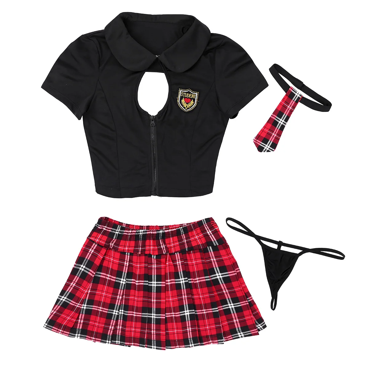 Маскарадный костюм из 4 предметов для школьниц и студентов, наряд, топ с короткими рукавами и шнуровкой сзади, плиссированная мини-юбка в клетку с завязками-стрингами - Цвет: Black Red