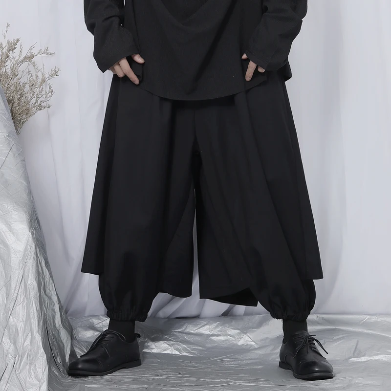 

Men's casual pants loose-fitting wide-leg pants Yamamoto style culottes nine points pants personality fake two fashion pants