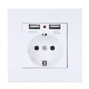 

HTHL-Pc Panel Wall Power Socket Grounded 16A Eu Standard Electrical Outlet With 2100Ma Dual Usb Charger Port For Mobile