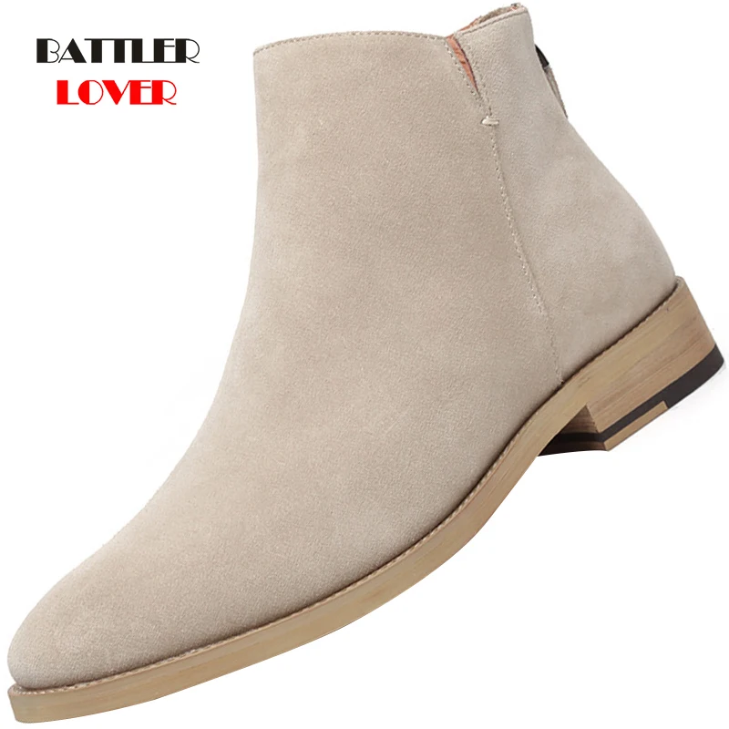 Vintage Basic Sand Color Boots Men Cow Suede Leather Chelsea Boot Pointed Toe Motorcycle Ankle Botas for Male Wood Sole Footwear