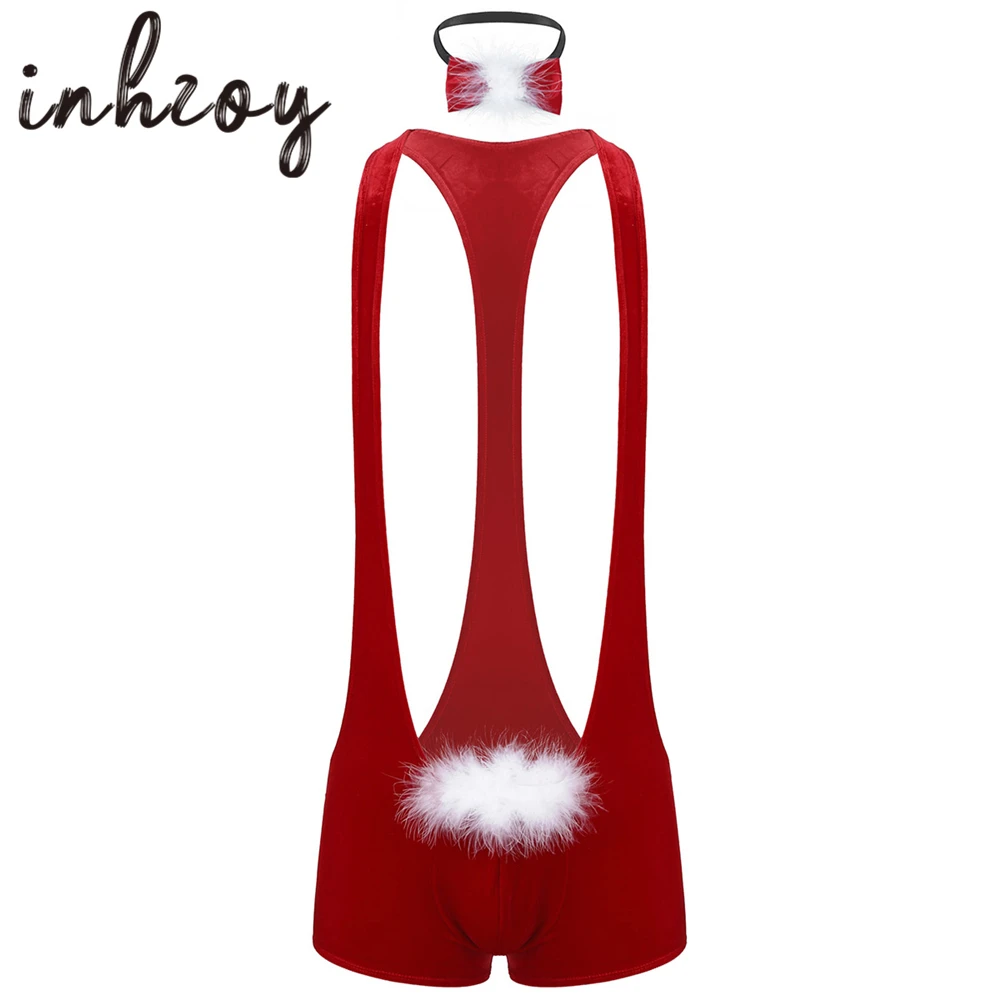 

Men Lingerie Christmas Rave Sexy Costume Soft Velvet Wide Shoulder Straps Bodysuit Singlet Male Fancy Xmas Underwear Nightwear