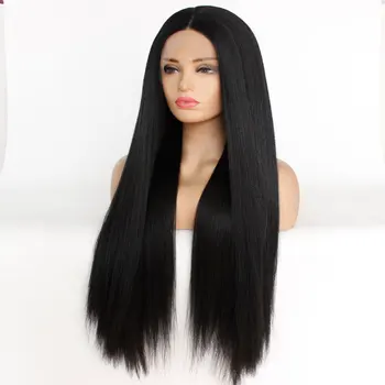 Black Yaki Straight Synthetic Lace Front Wig Glueless Heat Resistant Fiber Hair Natural Hairline Middle Parting For Women Wigs