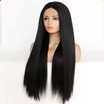 

Black Yaki Straight Synthetic Lace Front Wig Glueless Heat Resistant Fiber Hair Natural Hairline Middle Parting For Women Wigs