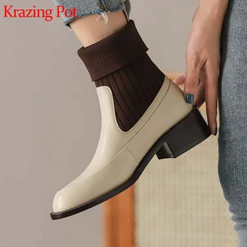 

Krazing Pot cow leather slip on keep warm winter shoes thick med heels dress mixed colors fashion women British ankle boots L5f1