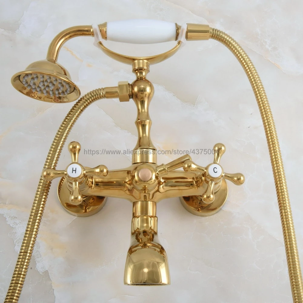 Bathtub Faucet Golden Wall Mounted Rain Shower Faucet Round Handheld 2 Handle Luxury Bathroom Mixer Tap Set Nna848 5