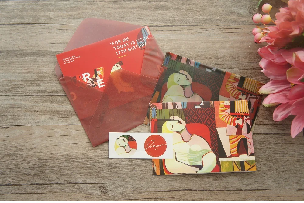 2 Envelopes 2 Card Sticker Set Abstract Oil Painting Design Envelop Message Card Invitation Envelop Transparent Paper