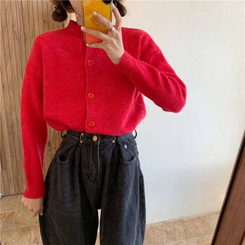 red cardigan RICININA, вязаный женский кардиган,, круглый вырез, длинный рукав, пуговицы, вязаный свитер, весенние, элегантные, свободные свитера, кардиган для женщин - Цвет: red cardigan