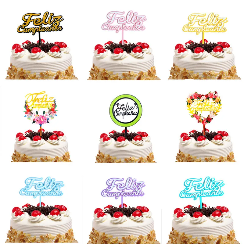 

Feliz CumpleaÃ±os Cake Toppers Spainish Happy Birthday Acrylic Cupcake Cake Topper Flags Baby Shower Decor Baking DIY Kids Party