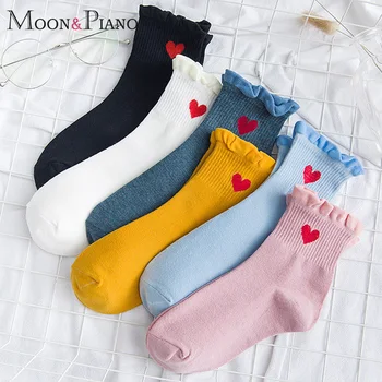 

Cotton Socks Ladies Embroidery Cartoon Cute Red Hearts Autumn College Style Fashion Casual Soft Warm Couple Girlfriends Sock