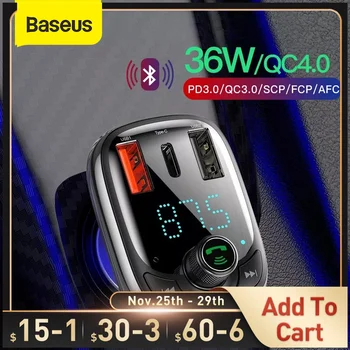 Baseus-cargador de coche con Bluetooth 5,0, transmisor FM, reproductor MP3, modulador FM manos libres, carga rápida 4,0 PD 3,0, dispositivo de carga USB