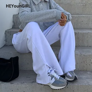 

HEYounGIRL Casual Loose Straight Long Trousers Ladies Autumn White Split High Waist Pants Women Fashion High Street Joggers 2020