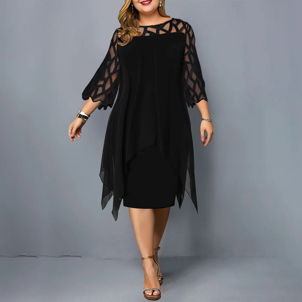 Черный Plus size Women Midi Dress Large Size Office Style Lady Summer Dress 3/4 Short Sleeve Hollow Out Female Black Work Dresses - Цвет: Черный