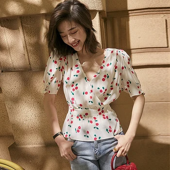 

100% High Quality Silk Blouse Woman Cherry Printed V Neck Half Sleeve Shirt Simple Design Casual Style New Fashion