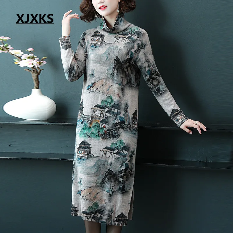 XJXKS High-end digital printing women knitted dress autumn winter new wool long sweater women turtleneck pullover - Цвет: 1