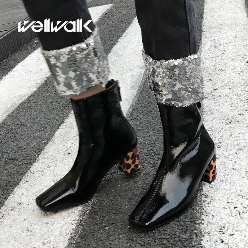 

Patent Ankle Boots Women Winter Shoes Leopard Heels Back Zip Square Toe Ladies Fashion Short Booties Korean Style Office Lady
