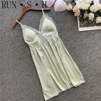 

Polyester Texture Ice Silk Sexy Pajamas Female Spring and Summer Lace Sling Pajamas Silk Underwear Silk Girl Tracksuit Pajamas