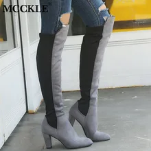 MCCKLE Женские Сапоги выше колена на высоком каблуке; женская повседневная обувь из эластичной замши без застежки; модные женские сапоги с острым носком; размера плюс